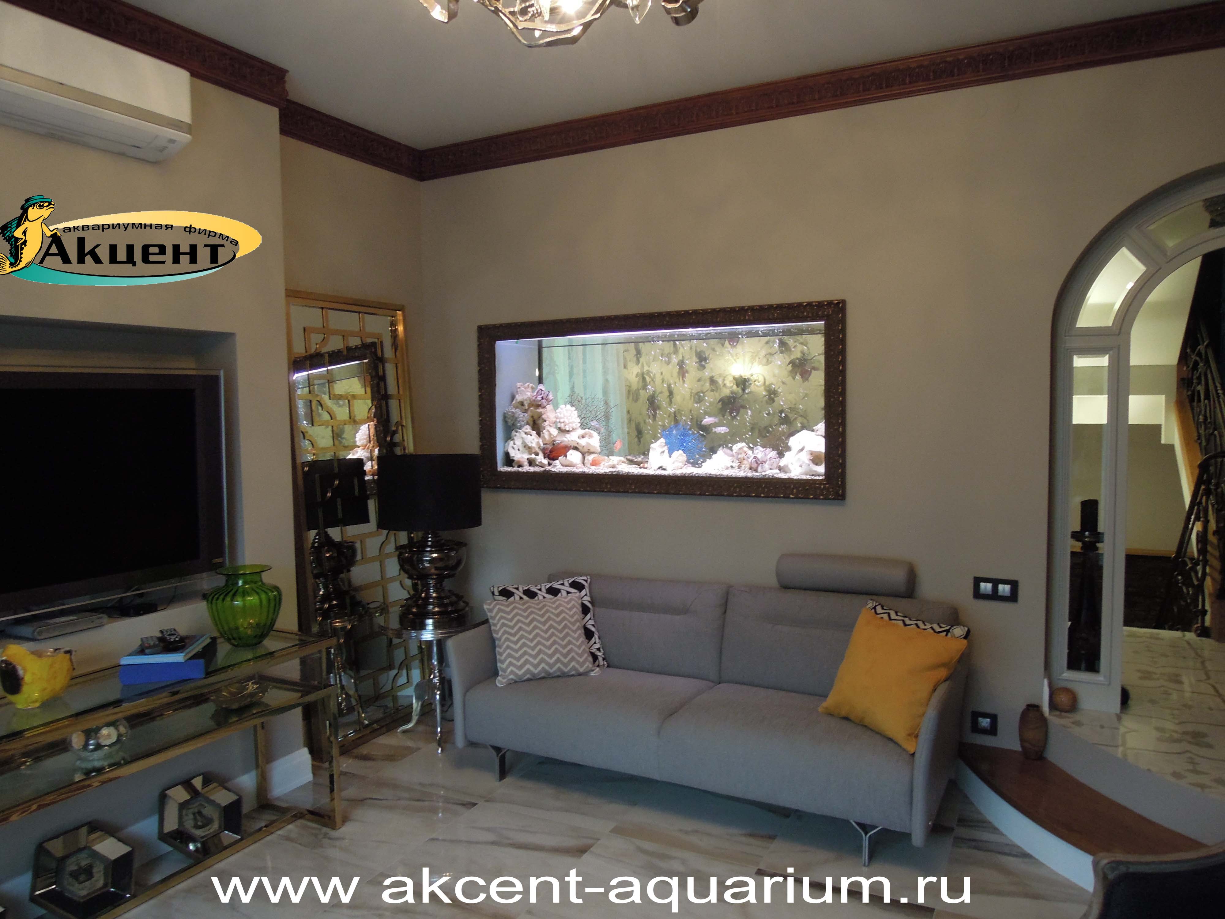 Акцент-аквариум,аквариум просмотровый 1000 литров встроенный в стену